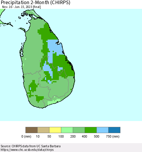 Sri Lanka Precipitation 2-Month (CHIRPS) Thematic Map For 11/16/2022 - 1/15/2023