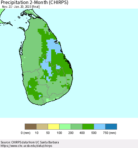 Sri Lanka Precipitation 2-Month (CHIRPS) Thematic Map For 11/21/2022 - 1/20/2023
