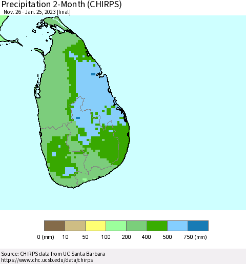 Sri Lanka Precipitation 2-Month (CHIRPS) Thematic Map For 11/26/2022 - 1/25/2023
