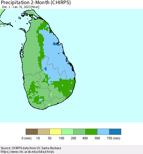 Sri Lanka Precipitation 2-Month (CHIRPS) Thematic Map For 12/1/2022 - 1/31/2023
