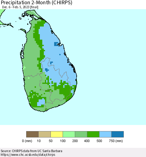 Sri Lanka Precipitation 2-Month (CHIRPS) Thematic Map For 12/6/2022 - 2/5/2023
