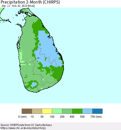 Sri Lanka Precipitation 2-Month (CHIRPS) Thematic Map For 12/11/2022 - 2/10/2023