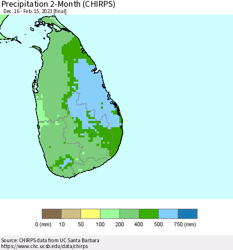 Sri Lanka Precipitation 2-Month (CHIRPS) Thematic Map For 12/16/2022 - 2/15/2023