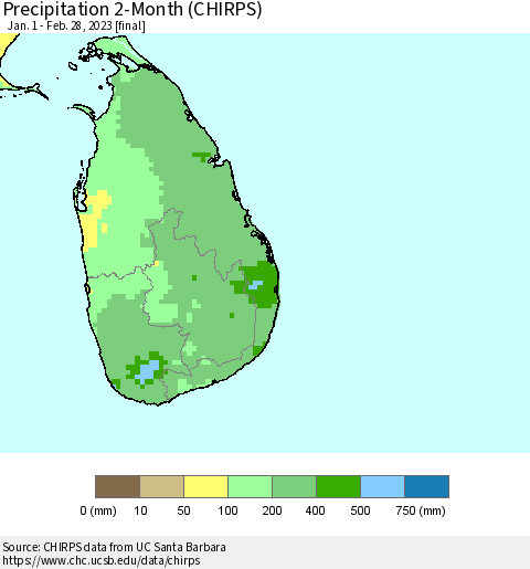 Sri Lanka Precipitation 2-Month (CHIRPS) Thematic Map For 1/1/2023 - 2/28/2023