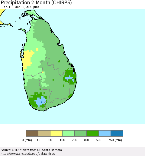 Sri Lanka Precipitation 2-Month (CHIRPS) Thematic Map For 1/11/2023 - 3/10/2023