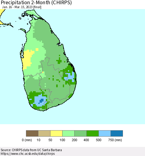 Sri Lanka Precipitation 2-Month (CHIRPS) Thematic Map For 1/16/2023 - 3/15/2023