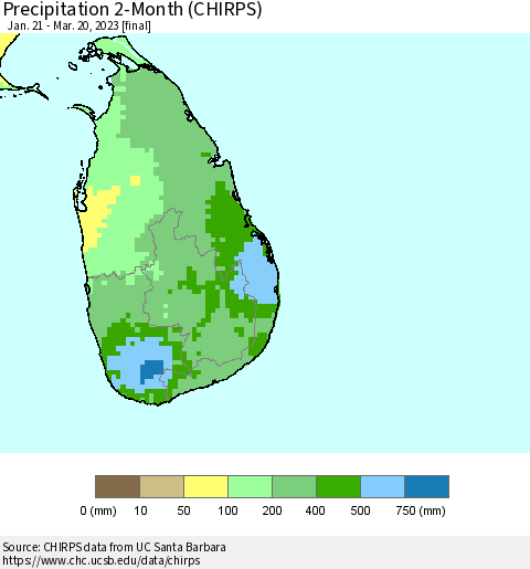 Sri Lanka Precipitation 2-Month (CHIRPS) Thematic Map For 1/21/2023 - 3/20/2023