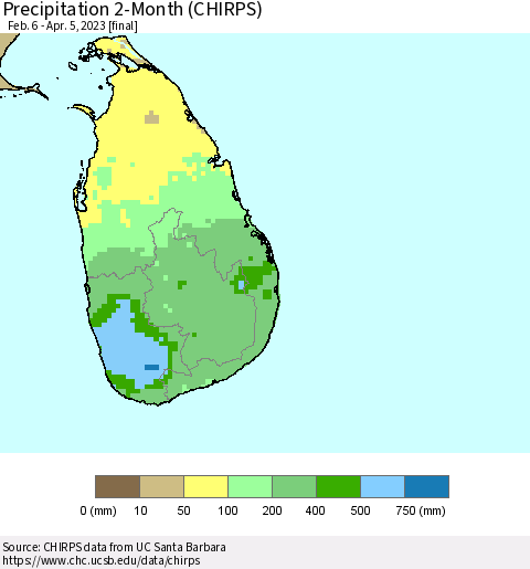 Sri Lanka Precipitation 2-Month (CHIRPS) Thematic Map For 2/6/2023 - 4/5/2023
