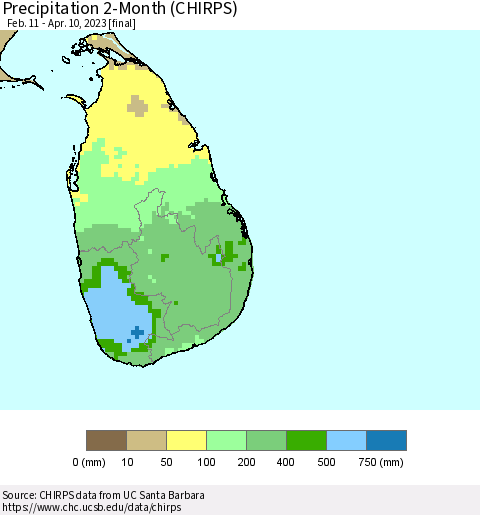 Sri Lanka Precipitation 2-Month (CHIRPS) Thematic Map For 2/11/2023 - 4/10/2023