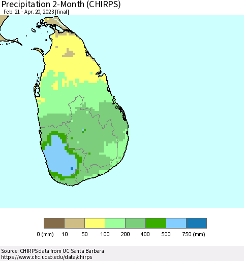 Sri Lanka Precipitation 2-Month (CHIRPS) Thematic Map For 2/21/2023 - 4/20/2023