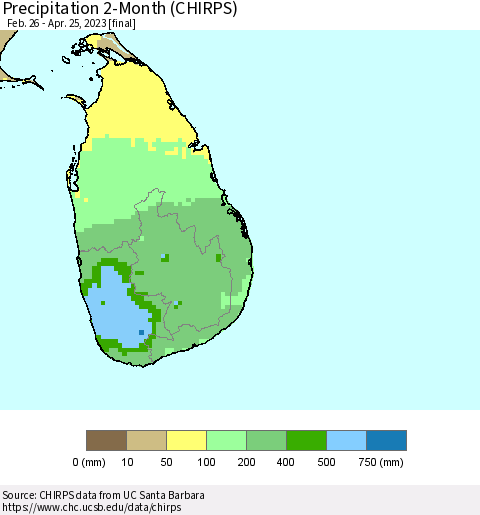 Sri Lanka Precipitation 2-Month (CHIRPS) Thematic Map For 2/26/2023 - 4/25/2023
