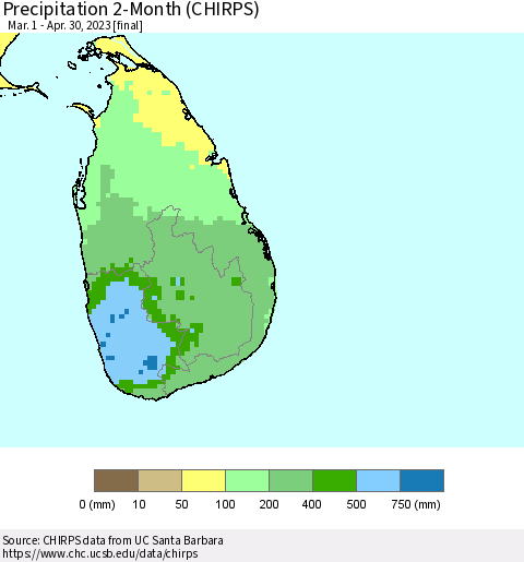 Sri Lanka Precipitation 2-Month (CHIRPS) Thematic Map For 3/1/2023 - 4/30/2023