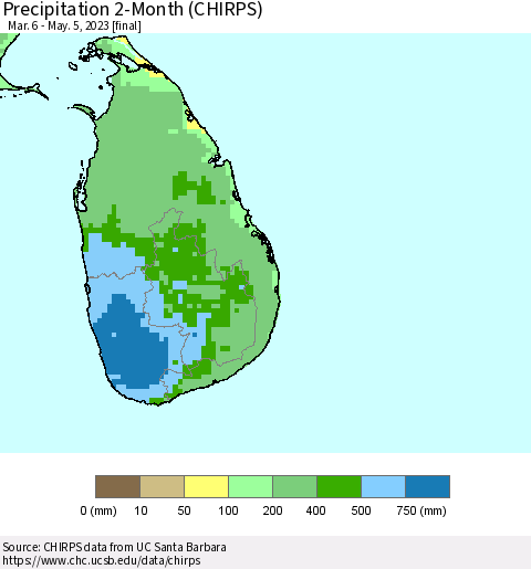 Sri Lanka Precipitation 2-Month (CHIRPS) Thematic Map For 3/6/2023 - 5/5/2023