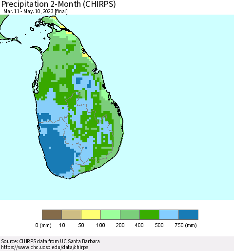 Sri Lanka Precipitation 2-Month (CHIRPS) Thematic Map For 3/11/2023 - 5/10/2023
