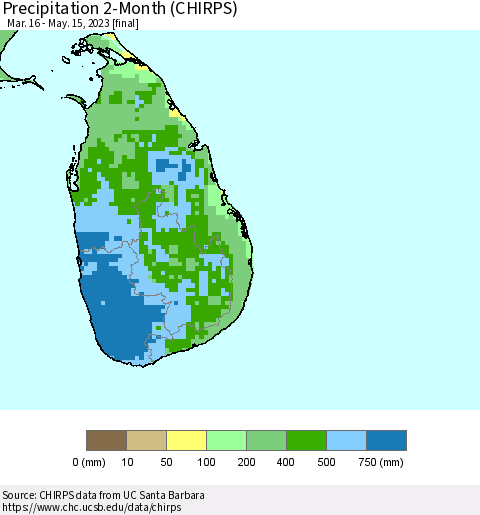 Sri Lanka Precipitation 2-Month (CHIRPS) Thematic Map For 3/16/2023 - 5/15/2023