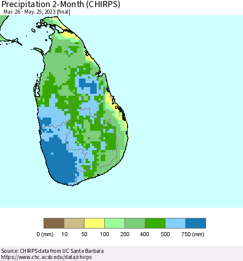 Sri Lanka Precipitation 2-Month (CHIRPS) Thematic Map For 3/26/2023 - 5/25/2023