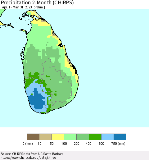 Sri Lanka Precipitation 2-Month (CHIRPS) Thematic Map For 4/1/2023 - 5/31/2023