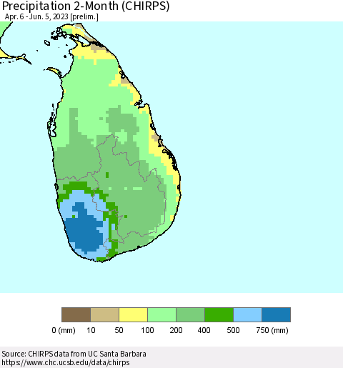 Sri Lanka Precipitation 2-Month (CHIRPS) Thematic Map For 4/6/2023 - 6/5/2023