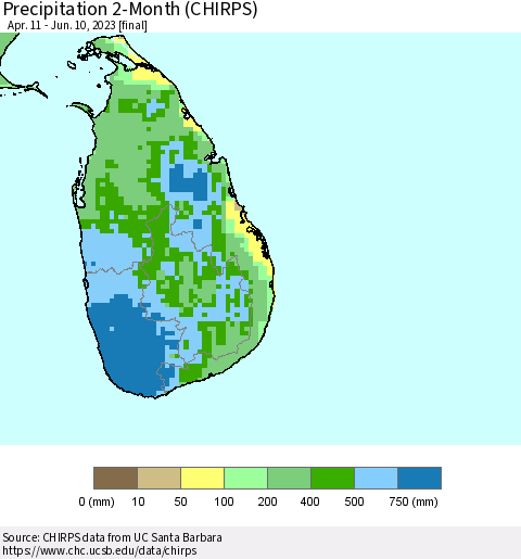 Sri Lanka Precipitation 2-Month (CHIRPS) Thematic Map For 4/11/2023 - 6/10/2023