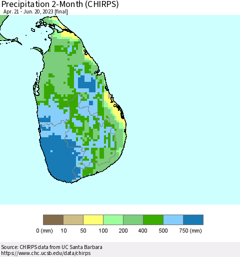 Sri Lanka Precipitation 2-Month (CHIRPS) Thematic Map For 4/21/2023 - 6/20/2023