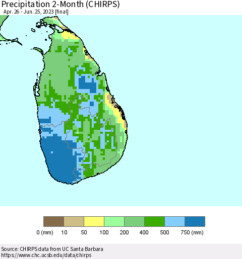 Sri Lanka Precipitation 2-Month (CHIRPS) Thematic Map For 4/26/2023 - 6/25/2023