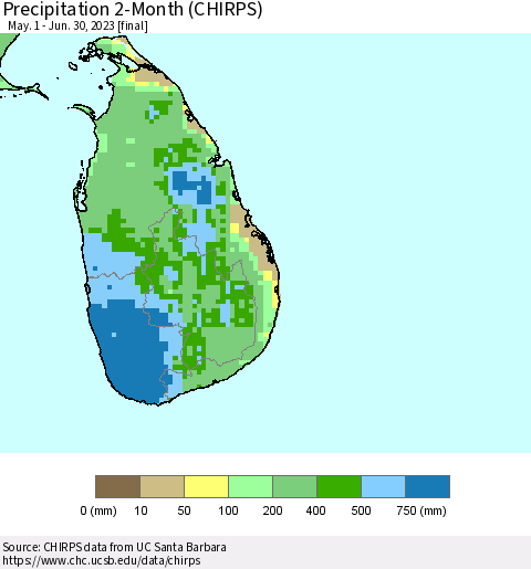 Sri Lanka Precipitation 2-Month (CHIRPS) Thematic Map For 5/1/2023 - 6/30/2023