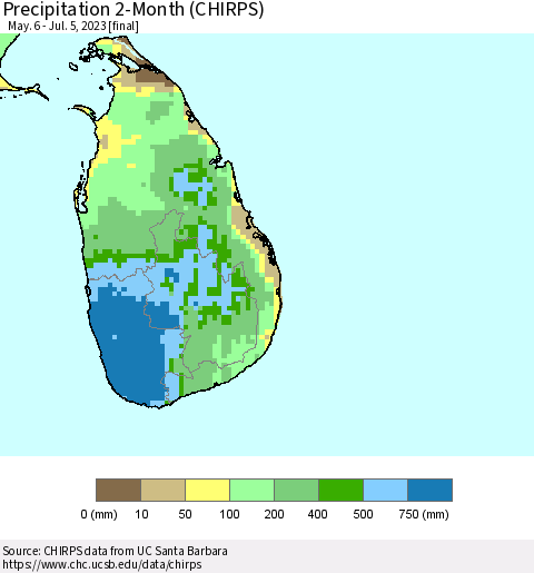 Sri Lanka Precipitation 2-Month (CHIRPS) Thematic Map For 5/6/2023 - 7/5/2023