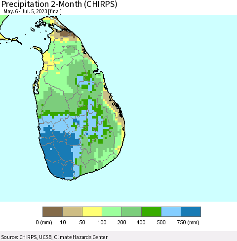 Sri Lanka Precipitation 2-Month (CHIRPS) Thematic Map For 5/6/2023 - 7/5/2023