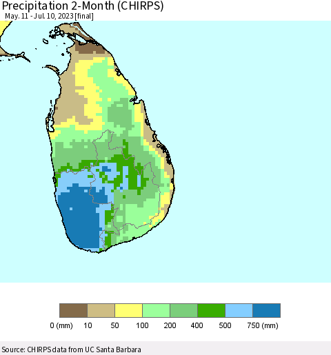 Sri Lanka Precipitation 2-Month (CHIRPS) Thematic Map For 5/11/2023 - 7/10/2023