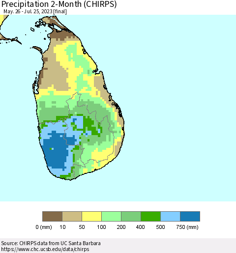 Sri Lanka Precipitation 2-Month (CHIRPS) Thematic Map For 5/26/2023 - 7/25/2023