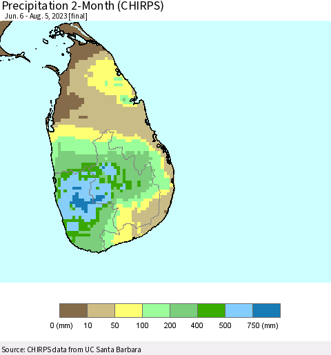 Sri Lanka Precipitation 2-Month (CHIRPS) Thematic Map For 6/6/2023 - 8/5/2023
