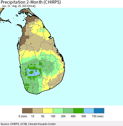 Sri Lanka Precipitation 2-Month (CHIRPS) Thematic Map For 6/21/2023 - 8/20/2023