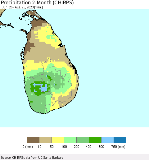 Sri Lanka Precipitation 2-Month (CHIRPS) Thematic Map For 6/26/2023 - 8/25/2023