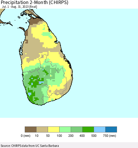 Sri Lanka Precipitation 2-Month (CHIRPS) Thematic Map For 7/1/2023 - 8/31/2023