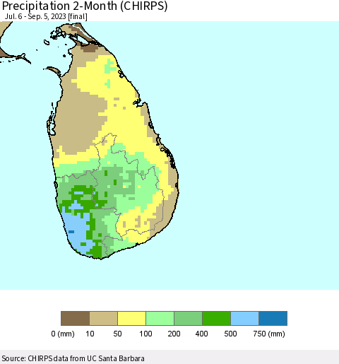 Sri Lanka Precipitation 2-Month (CHIRPS) Thematic Map For 7/6/2023 - 9/5/2023