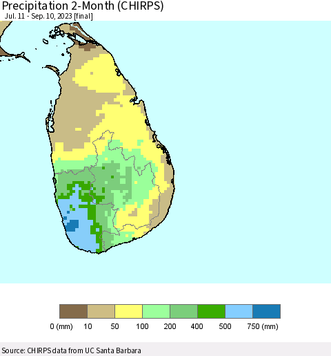 Sri Lanka Precipitation 2-Month (CHIRPS) Thematic Map For 7/11/2023 - 9/10/2023
