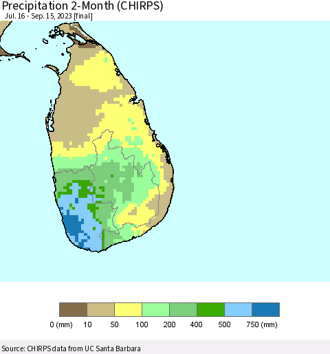 Sri Lanka Precipitation 2-Month (CHIRPS) Thematic Map For 7/16/2023 - 9/15/2023