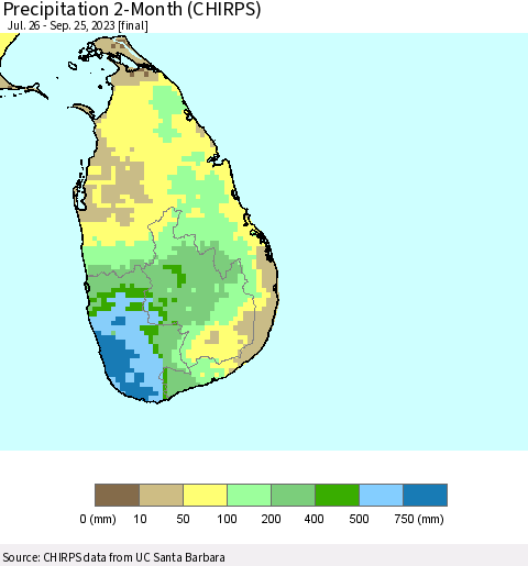 Sri Lanka Precipitation 2-Month (CHIRPS) Thematic Map For 7/26/2023 - 9/25/2023