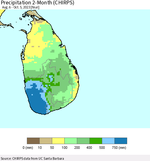 Sri Lanka Precipitation 2-Month (CHIRPS) Thematic Map For 8/6/2023 - 10/5/2023