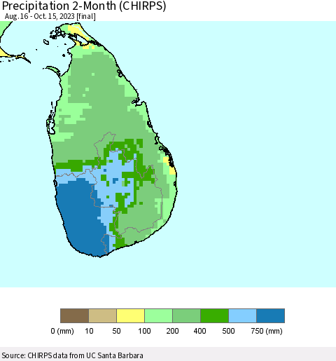 Sri Lanka Precipitation 2-Month (CHIRPS) Thematic Map For 8/16/2023 - 10/15/2023