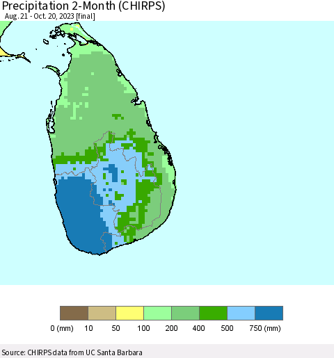 Sri Lanka Precipitation 2-Month (CHIRPS) Thematic Map For 8/21/2023 - 10/20/2023