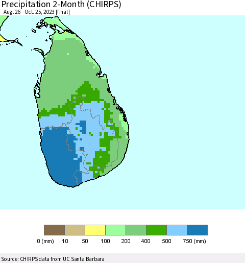 Sri Lanka Precipitation 2-Month (CHIRPS) Thematic Map For 8/26/2023 - 10/25/2023