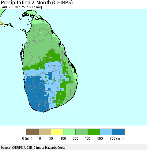 Sri Lanka Precipitation 2-Month (CHIRPS) Thematic Map For 8/26/2023 - 10/25/2023