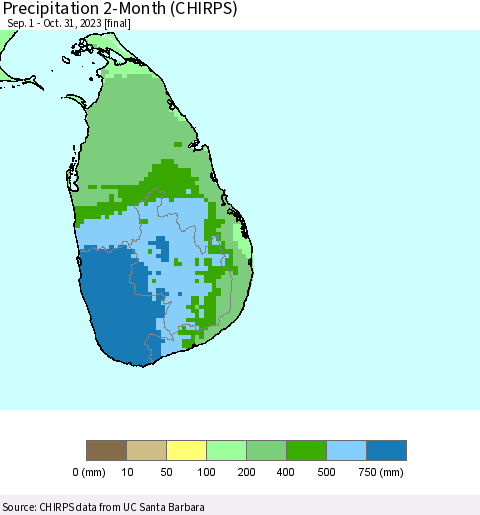 Sri Lanka Precipitation 2-Month (CHIRPS) Thematic Map For 9/1/2023 - 10/31/2023
