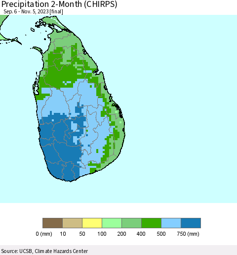 Sri Lanka Precipitation 2-Month (CHIRPS) Thematic Map For 9/6/2023 - 11/5/2023