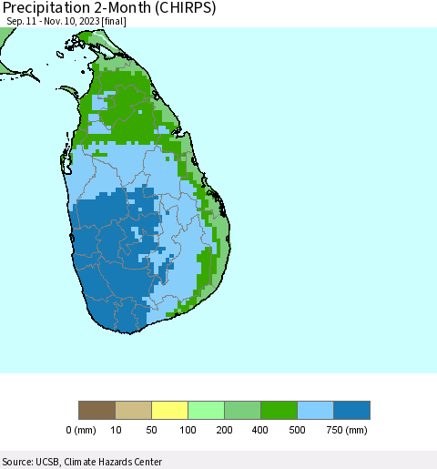 Sri Lanka Precipitation 2-Month (CHIRPS) Thematic Map For 9/11/2023 - 11/10/2023