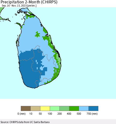 Sri Lanka Precipitation 2-Month (CHIRPS) Thematic Map For 9/16/2023 - 11/15/2023