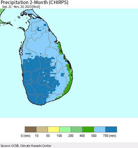 Sri Lanka Precipitation 2-Month (CHIRPS) Thematic Map For 9/21/2023 - 11/20/2023