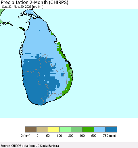 Sri Lanka Precipitation 2-Month (CHIRPS) Thematic Map For 9/21/2023 - 11/20/2023