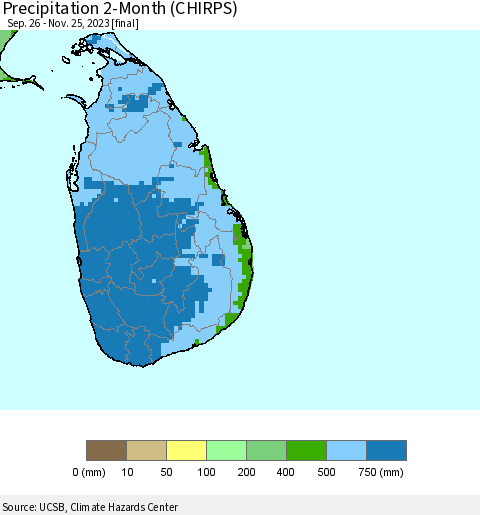 Sri Lanka Precipitation 2-Month (CHIRPS) Thematic Map For 9/26/2023 - 11/25/2023